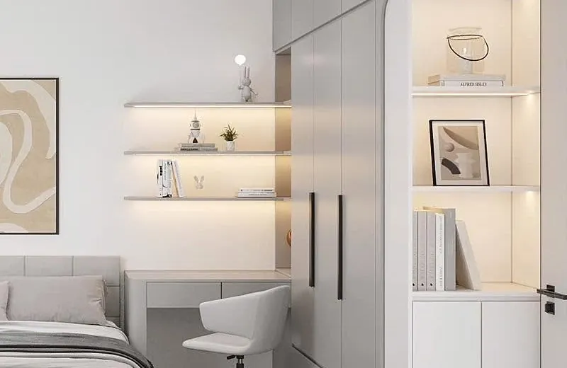 Bàn làm việc liền tủ áo, kệ gỗ có đèn LED âm